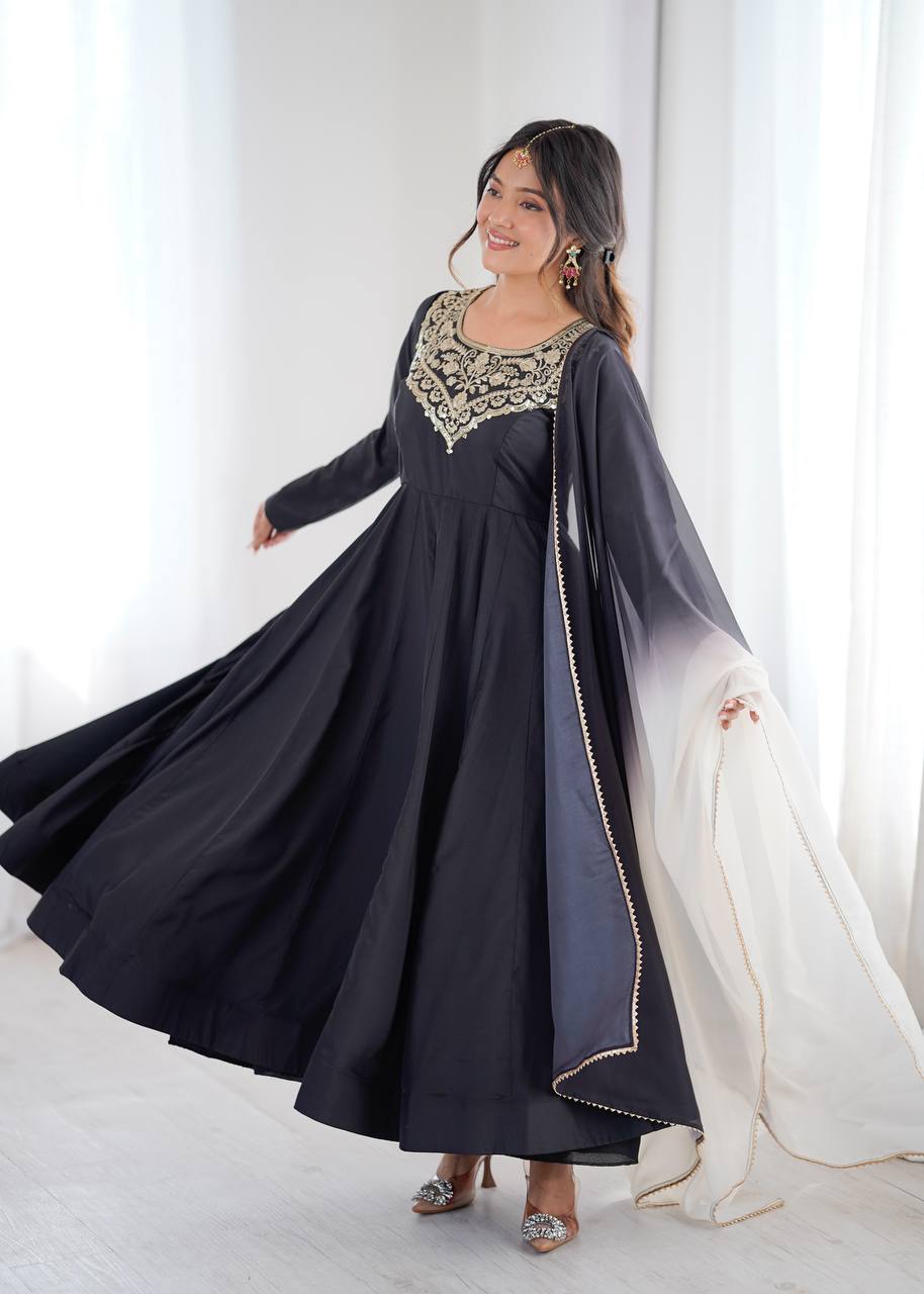 Eloriya Premium Black Embroidered French Crepe Anarkali Suitset - L [40] | Eloriya India