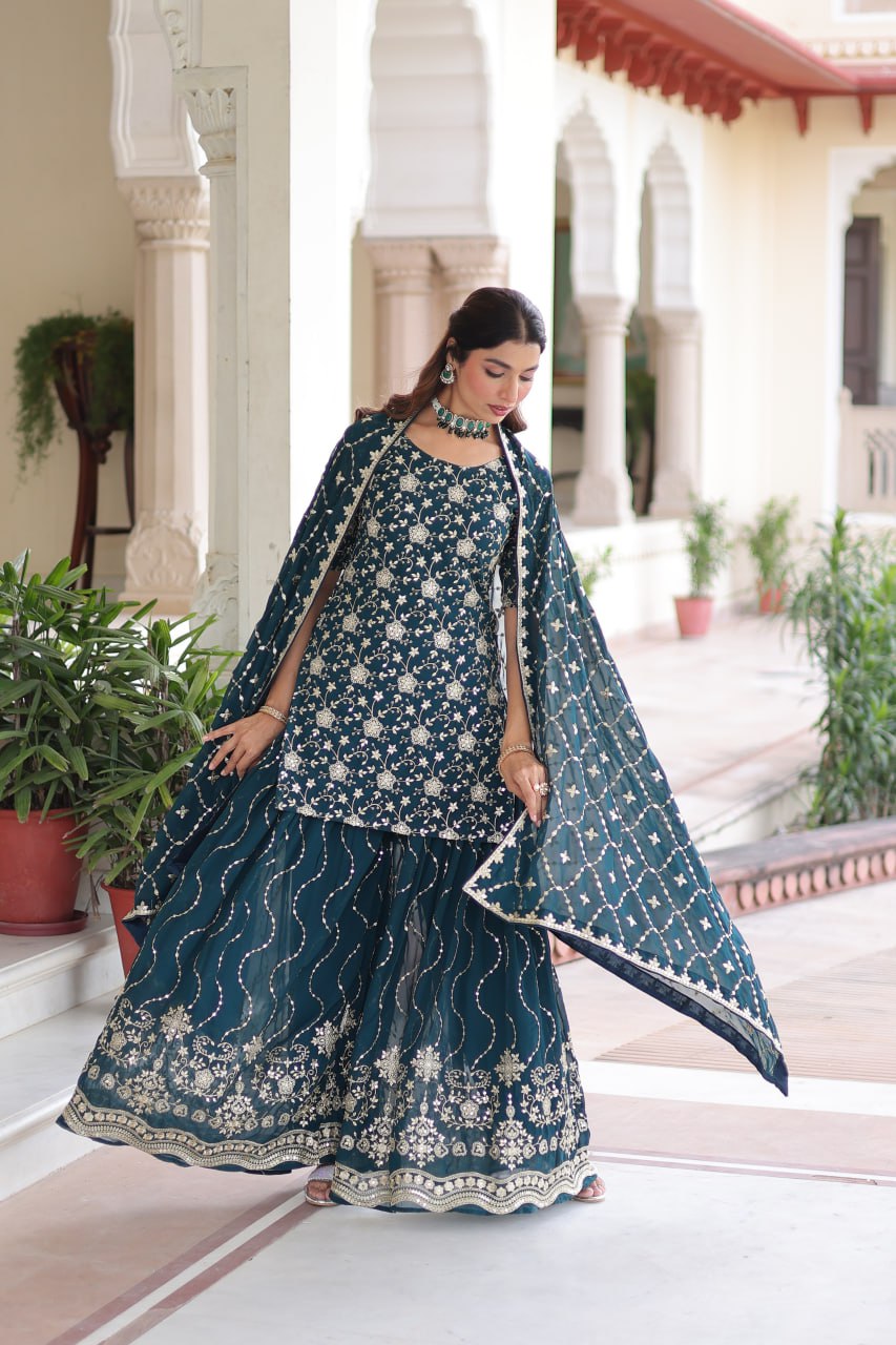 Eloriya Premium Embroidered Sharara Suit - Deep Teal Green | Eloriya India