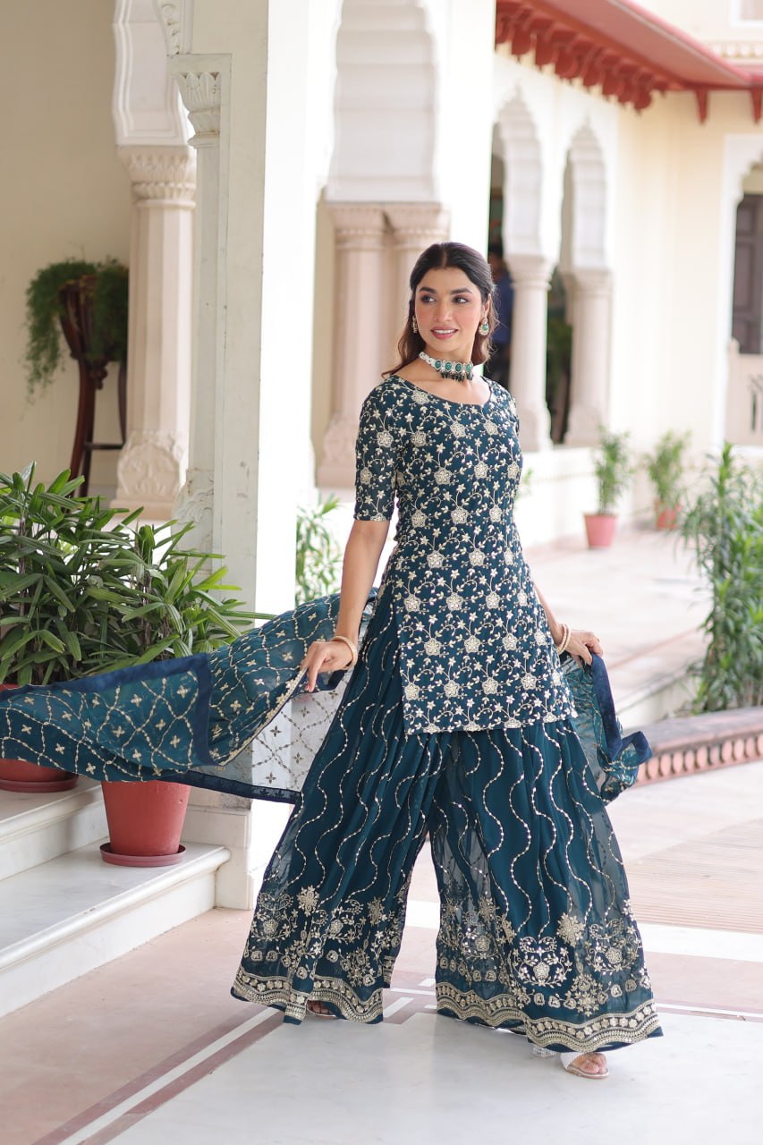 Eloriya Premium Embroidered Sharara Suit - Deep Teal Green | Eloriya India