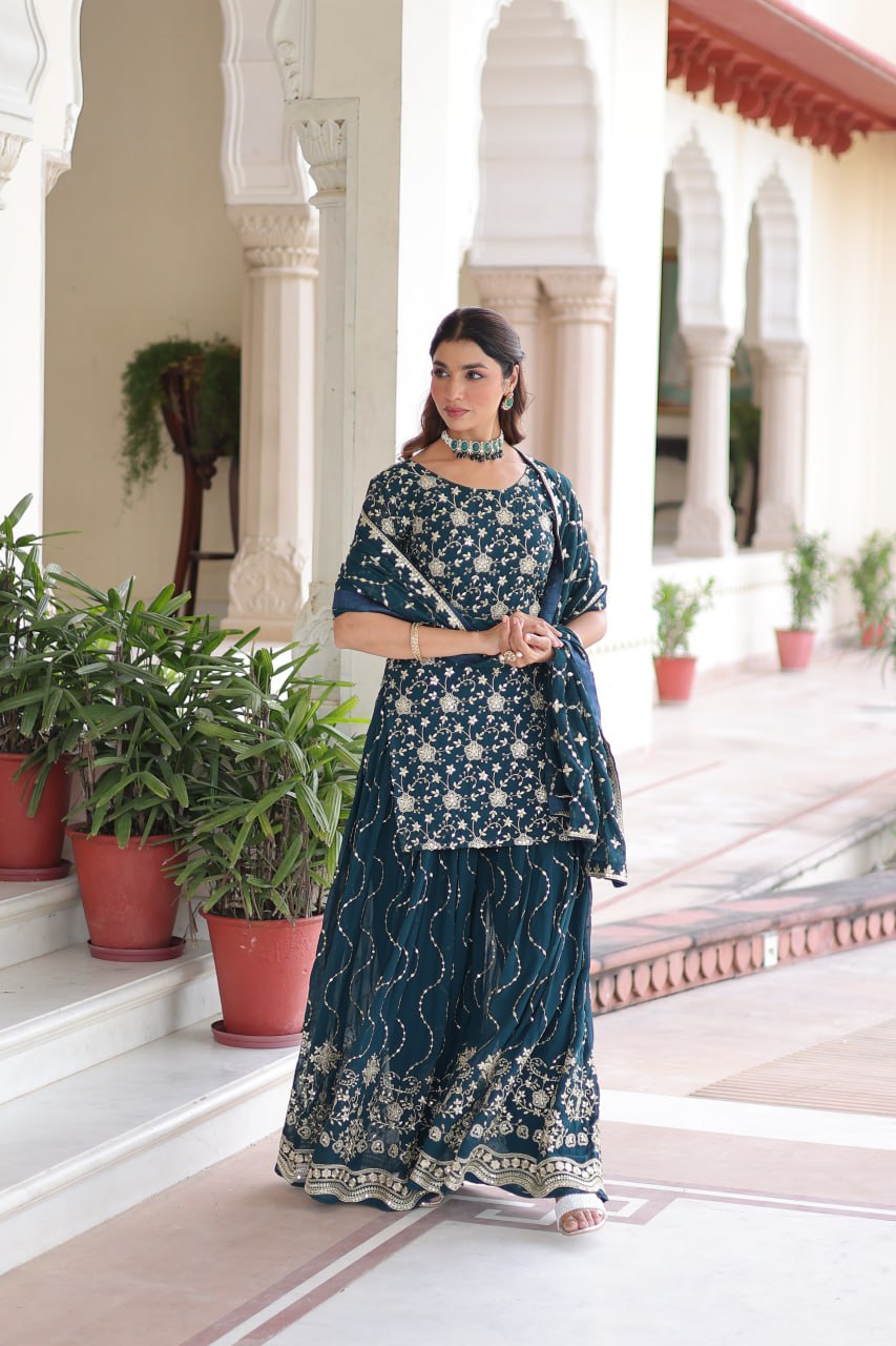Eloriya Premium Embroidered Sharara Suit - Pink | Eloriya India