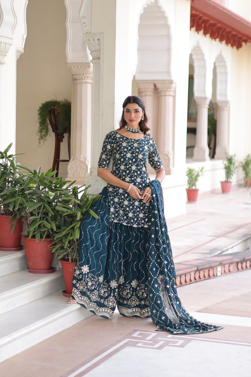 Eloriya Premium Embroidered Sharara Suit - Deep Teal Green | Eloriya India