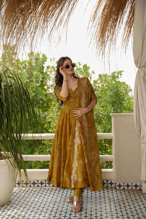Eloriya Bandhani Mehndi Colour Anarkali Suit Set - XS [34] | Eloriya India