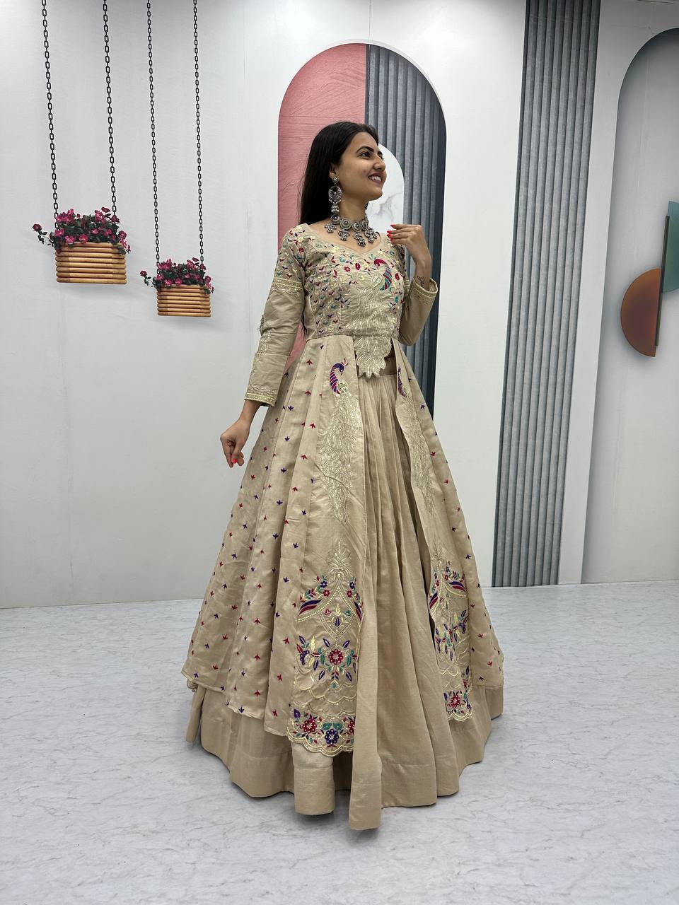 Eloriya Premium Quality Heavy Traditional Crop Top With Shrug With Color - MEHNDI GRREN | Eloriya India