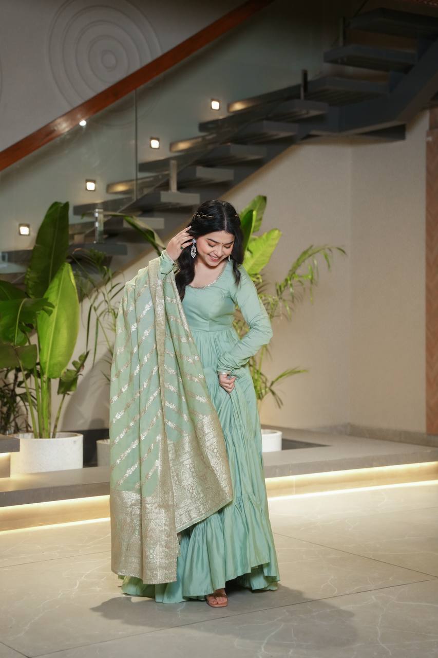 Eloriya Royal Roman Silk Fully Flared Anarkali Suit Set - M [38] | Eloriya India