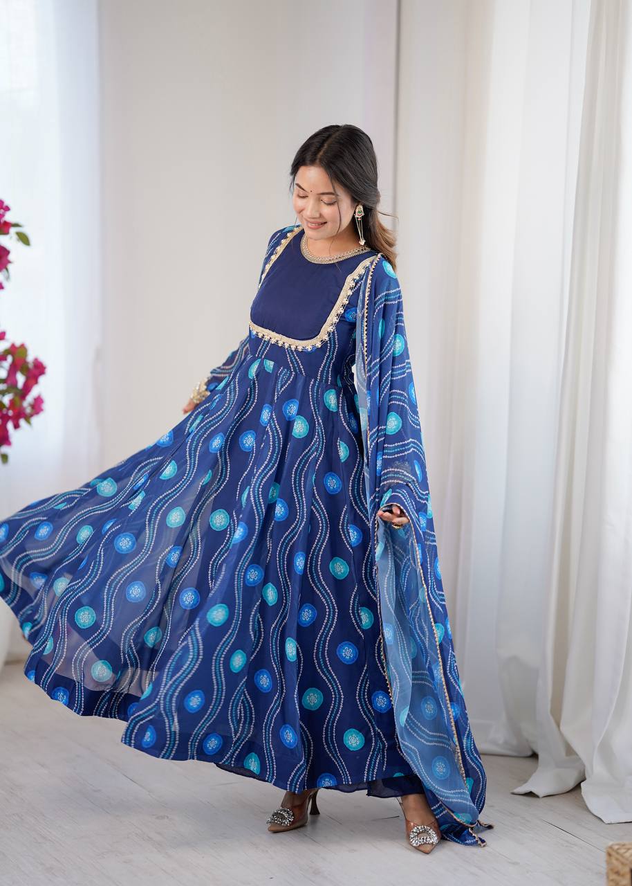 Eloriya Navy Blue Elegant Bandhani Print Anarkali Suit Set | Eloriya India