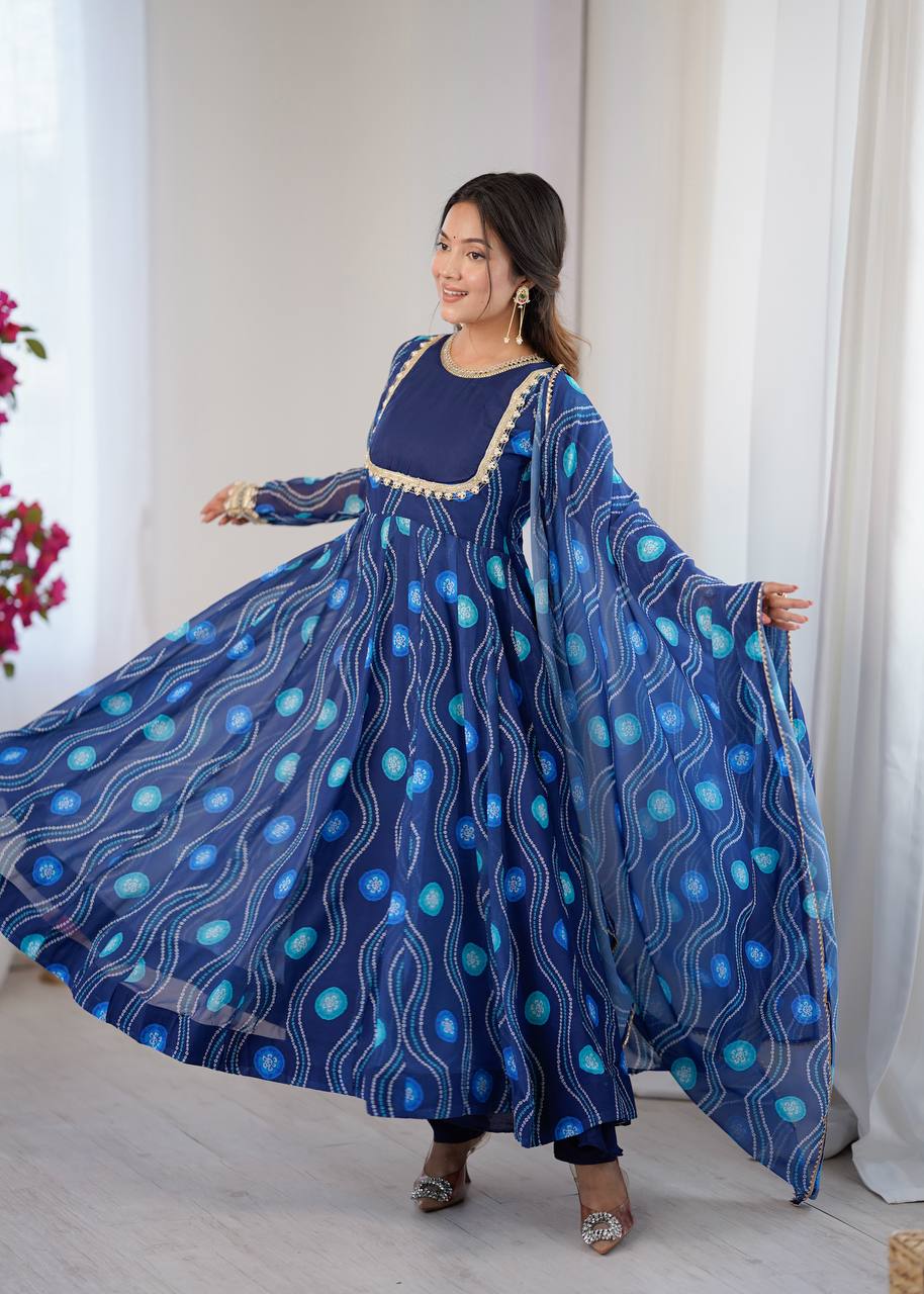 Eloriya Navy Blue Elegant Bandhani Print Anarkali Suit Set | Eloriya India
