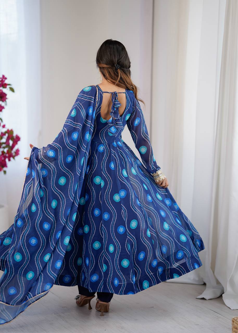 Eloriya Navy Blue Elegant Bandhani Print Anarkali Suit Set - 2XL [44] | Eloriya India