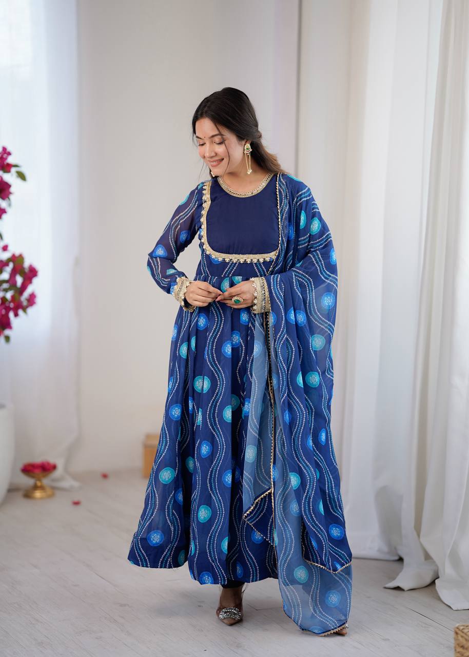 Eloriya Navy Blue Elegant Bandhani Print Anarkali Suit Set - XL [42] | Eloriya India