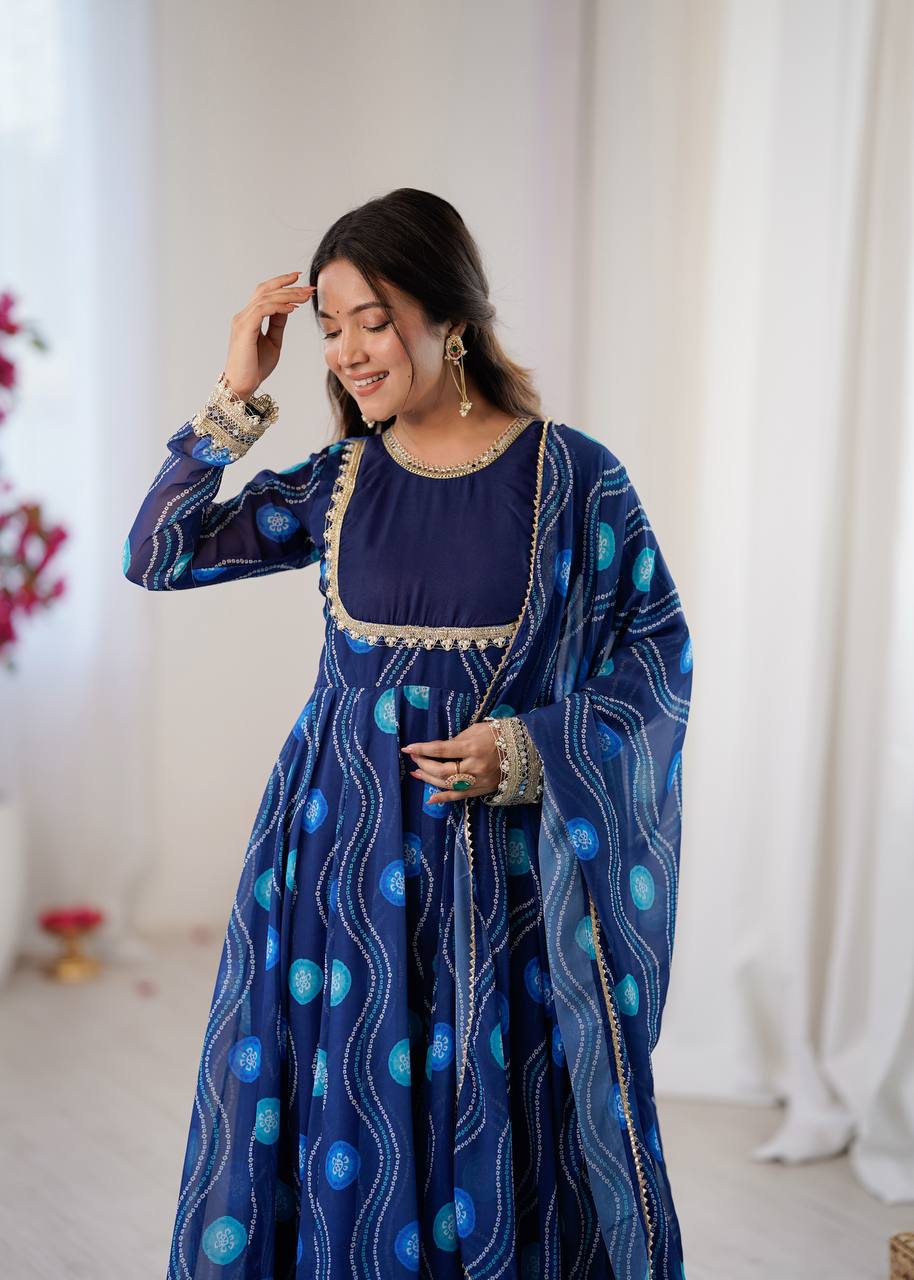 Eloriya Navy Blue Elegant Bandhani Print Anarkali Suit Set - M [38] | Eloriya India