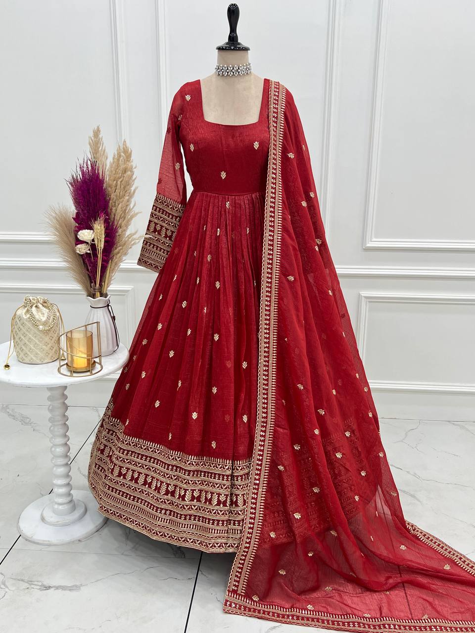 Eloriya Ruhani Red Premium Quality Anarkali Suit Set - 2XL-[44] | Eloriya India