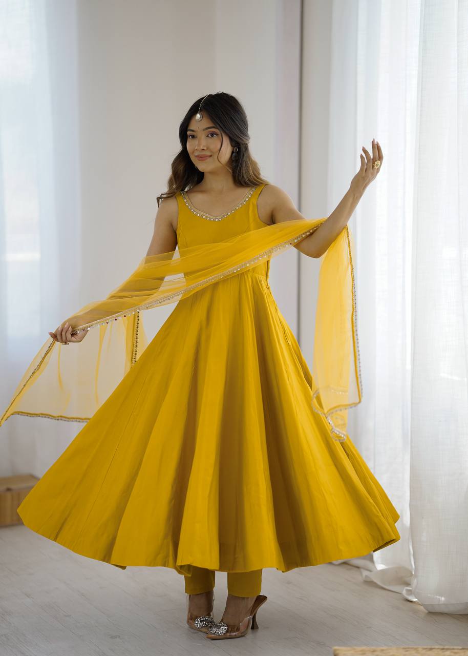Eloriya Kishika Yellow Color Anarkali Suit Set [Sleeves Fabric Attached] - XS [34] | Eloriya India