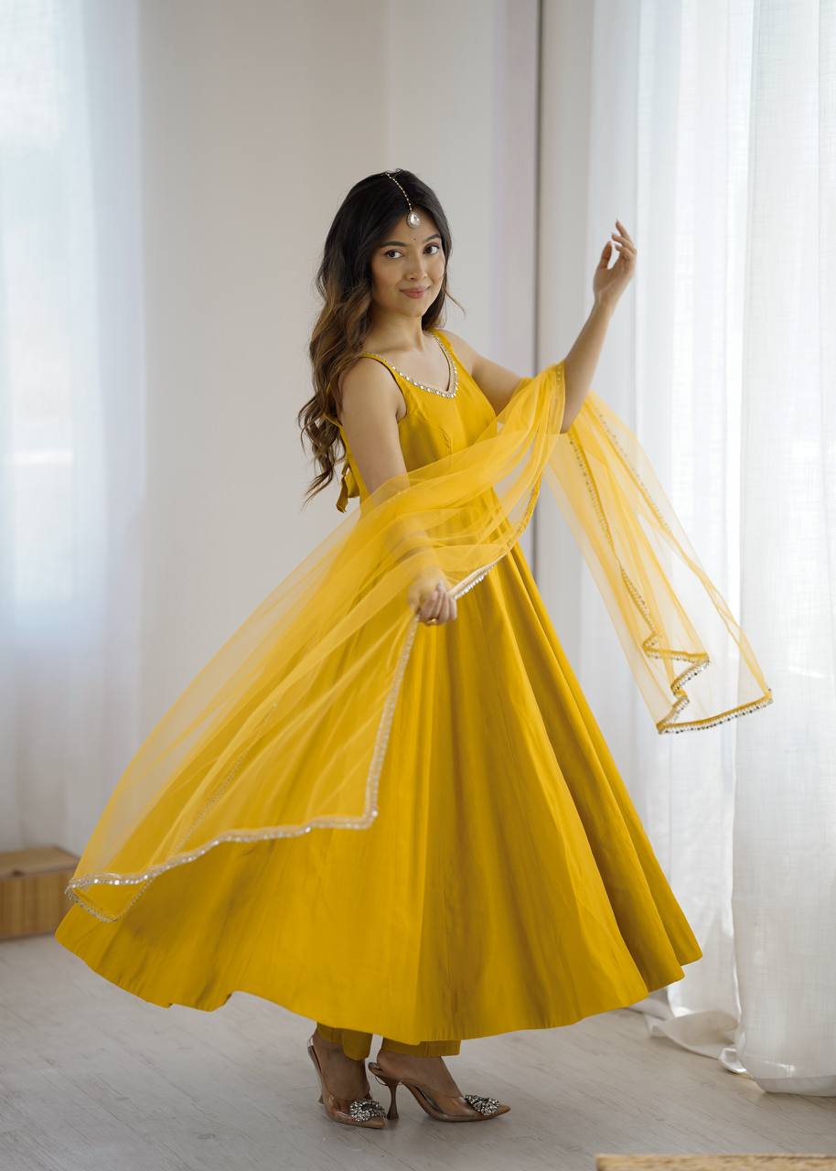 Eloriya Kishika Yellow Color Anarkali Suit Set [Sleeves Fabric Attached] - M [38] | Eloriya India