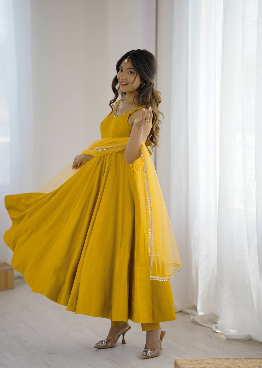 Eloriya Kishika Yellow Color Anarkali Suit Set [Sleeves Fabric Attached] - L [40] | Eloriya India