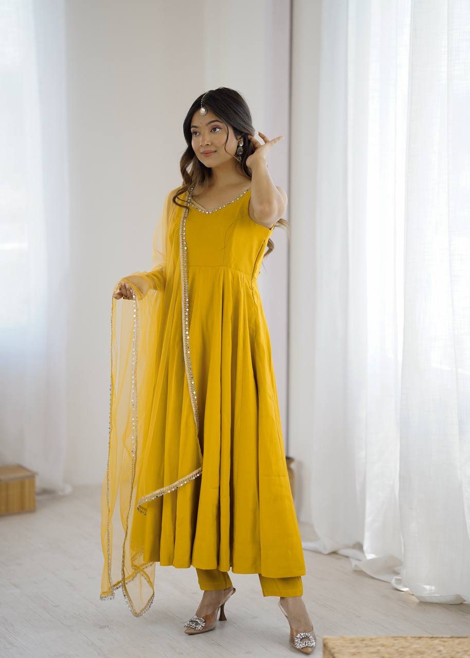 Eloriya Kishika Yellow Color Anarkali Suit Set [Sleeves Fabric Attached] - 2XL [44] | Eloriya India