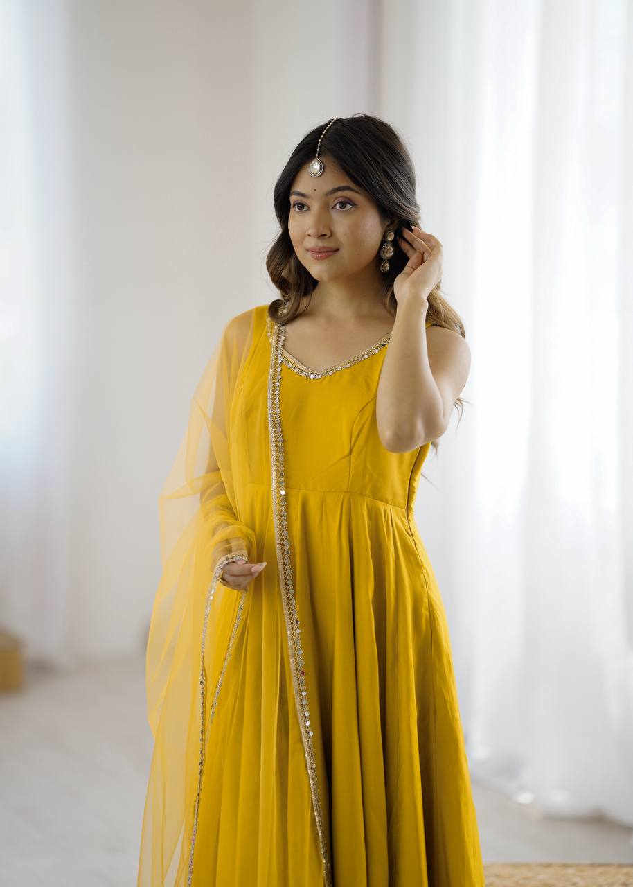 Eloriya Kishika Yellow Color Anarkali Suit Set [Sleeves Fabric Attached] | Eloriya India
