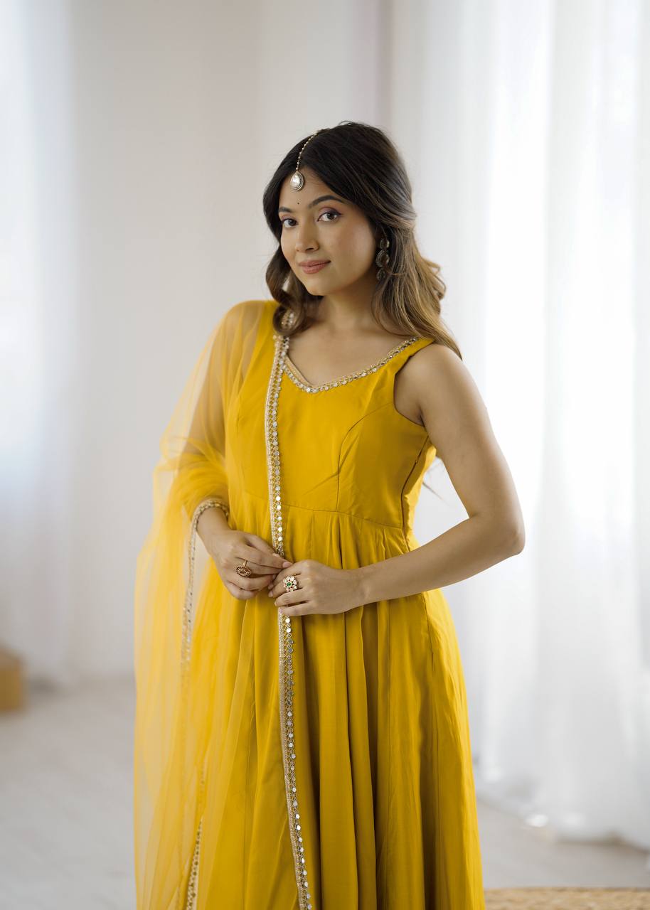 Eloriya Kishika Yellow Color Anarkali Suit Set [Sleeves Fabric Attached] | Eloriya India