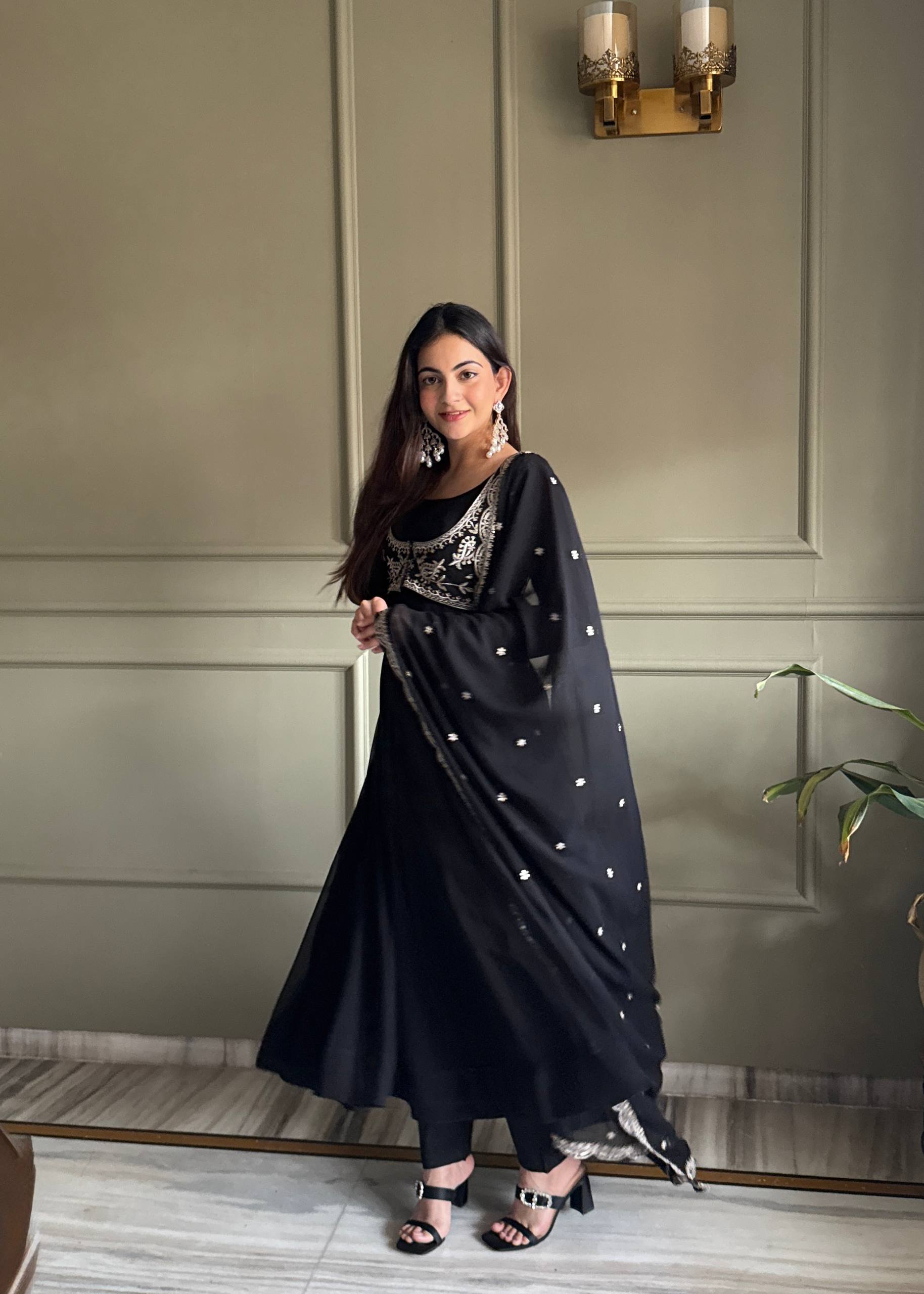 Eloriya Noor Black Heavy Embroidered Koti Designer Anarkali Set - M [38] | Eloriya India