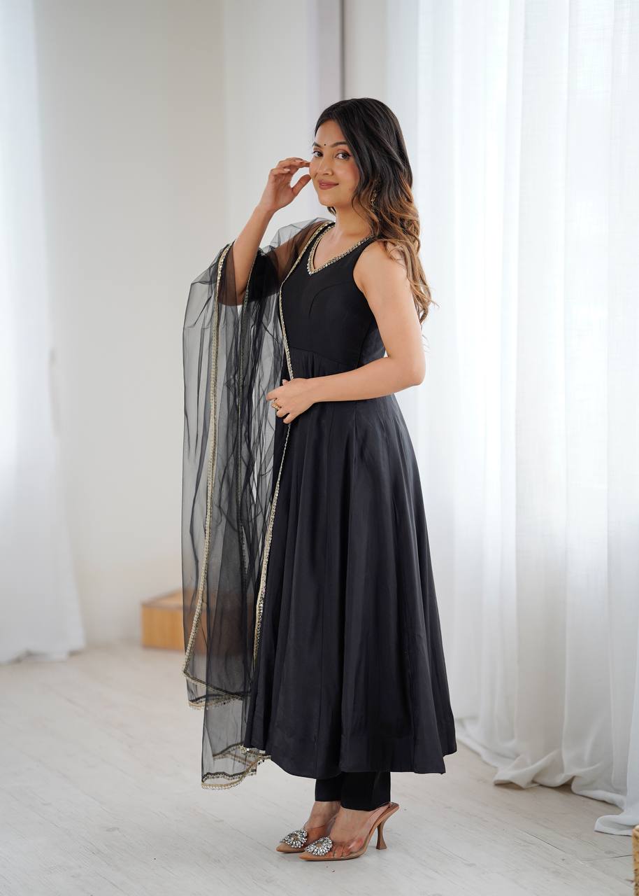 Eloriya Kiyara Black Color Anarkali Suit Set [Sleeves Fabric Attached] - L [40] | Eloriya India