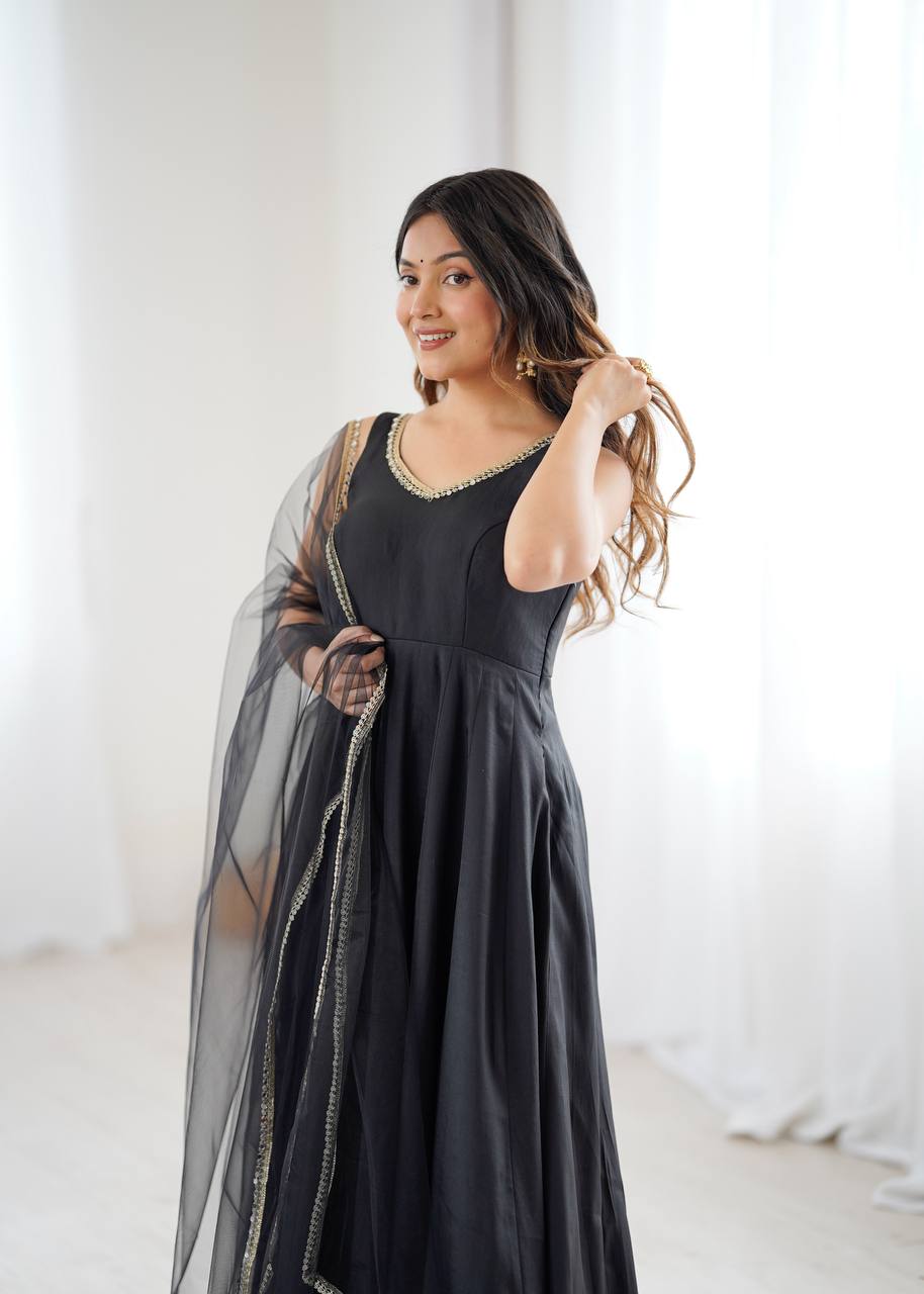 Eloriya Kiyara Black Color Anarkali Suit Set [Sleeves Fabric Attached] | Eloriya India