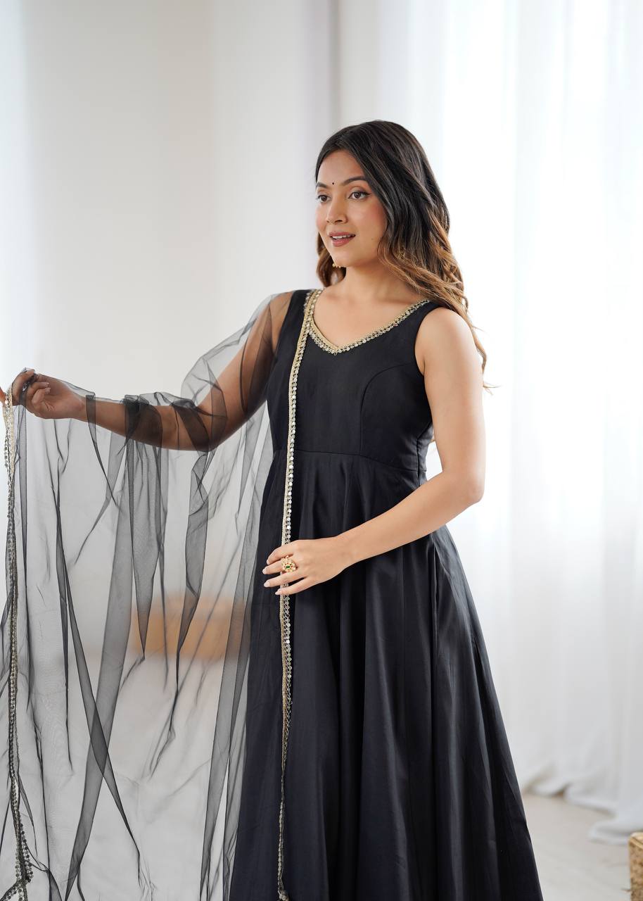Eloriya Kiyara Black Color Anarkali Suit Set [Sleeves Fabric Attached] | Eloriya India