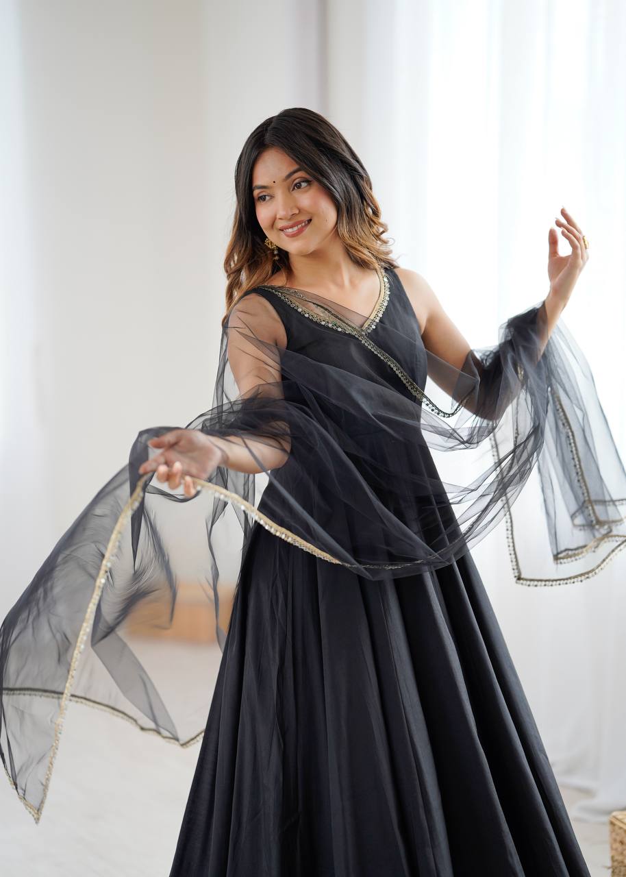 Eloriya Kiyara Black Color Anarkali Suit Set [Sleeves Fabric Attached] - XL [42] | Eloriya India
