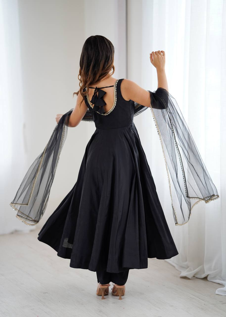 Eloriya Kiyara Black Color Anarkali Suit Set [Sleeves Fabric Attached] | Eloriya India