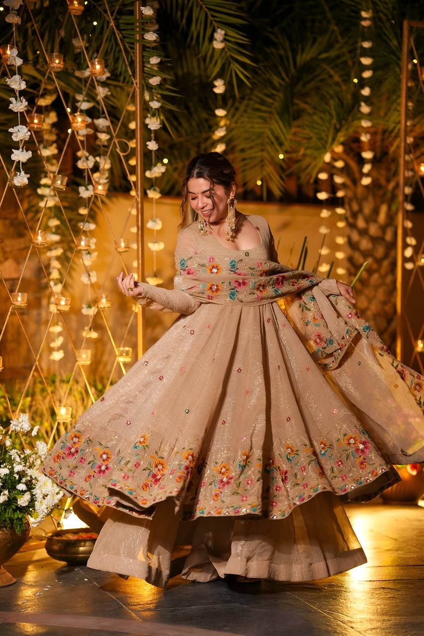 Eloriya Beige Shades Crunchy Silk Anarkali Palazzo Suit Set - Beige | Eloriya India