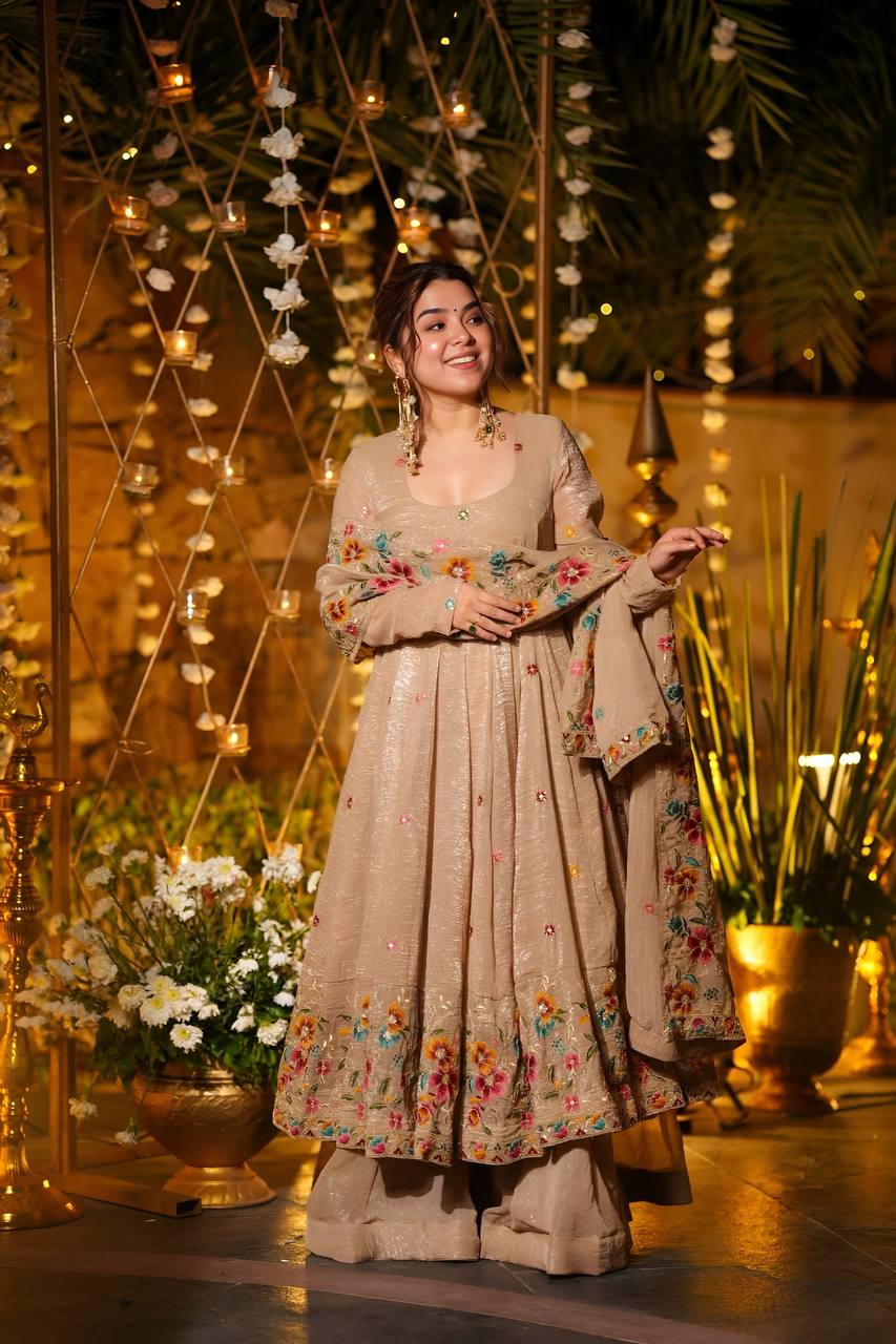 Eloriya Beige Shades Crunchy Silk Anarkali Palazzo Suit Set - Dusty pink | Eloriya India