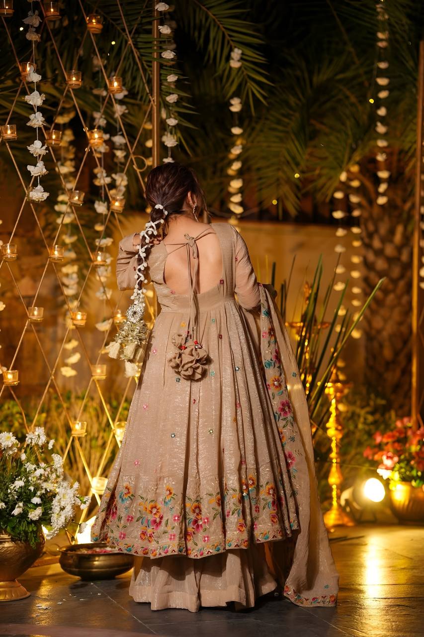 Eloriya Beige Shades Crunchy Silk Anarkali Palazzo Suit Set - Beige | Eloriya India