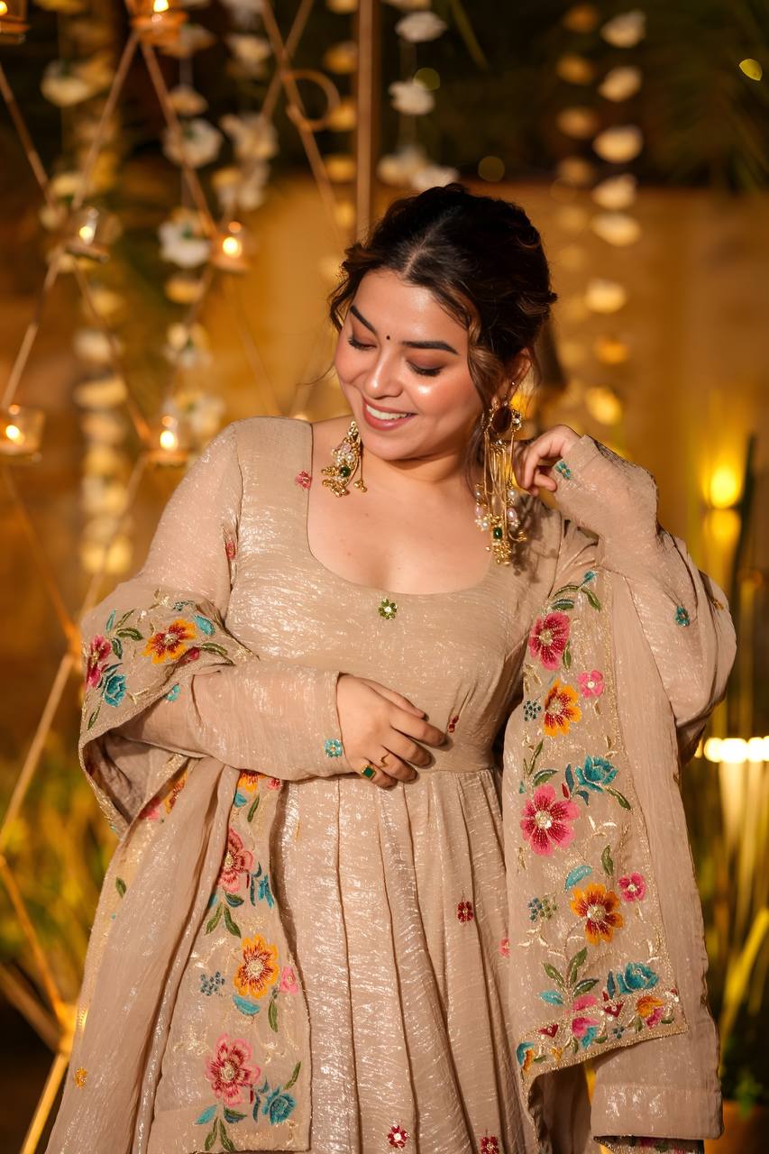 Eloriya Beige Shades Crunchy Silk Anarkali Palazzo Suit Set - Dusty pink | Eloriya India