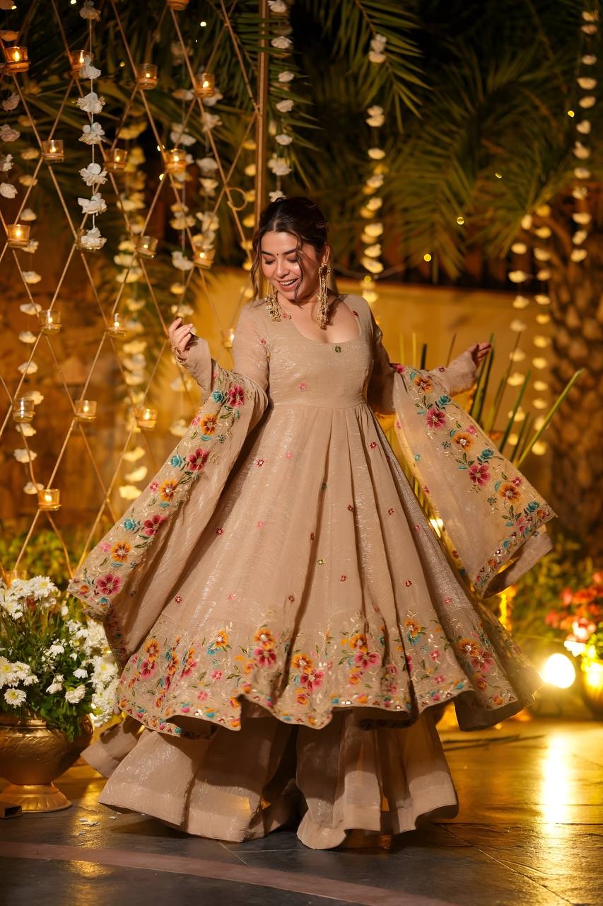Eloriya Beige Shades Crunchy Silk Anarkali Palazzo Suit Set - Beige | Eloriya India