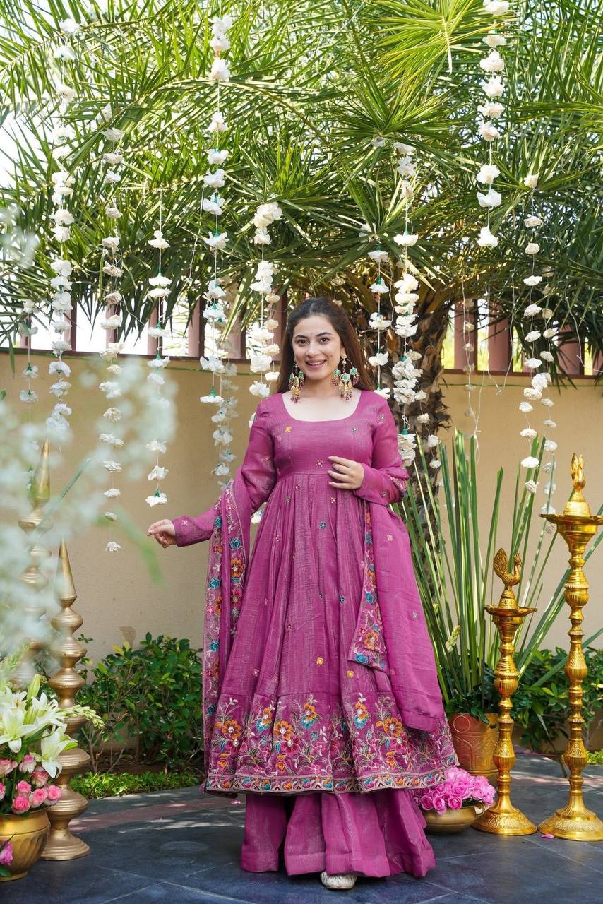 Eloriya Beige Shades Crunchy Silk Anarkali Palazzo Suit Set - Dusty pink | Eloriya India