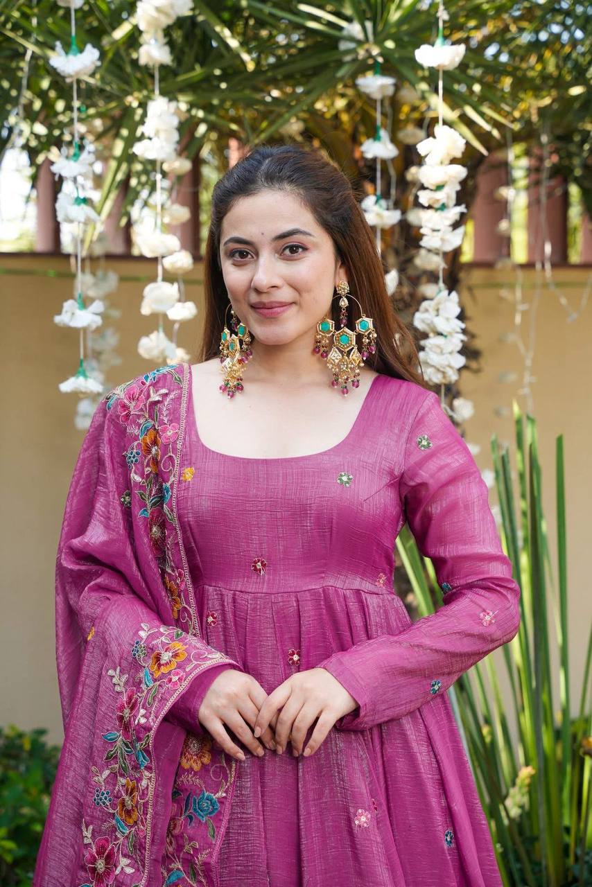 Eloriya Beige Shades Crunchy Silk Anarkali Palazzo Suit Set - Dusty pink | Eloriya India