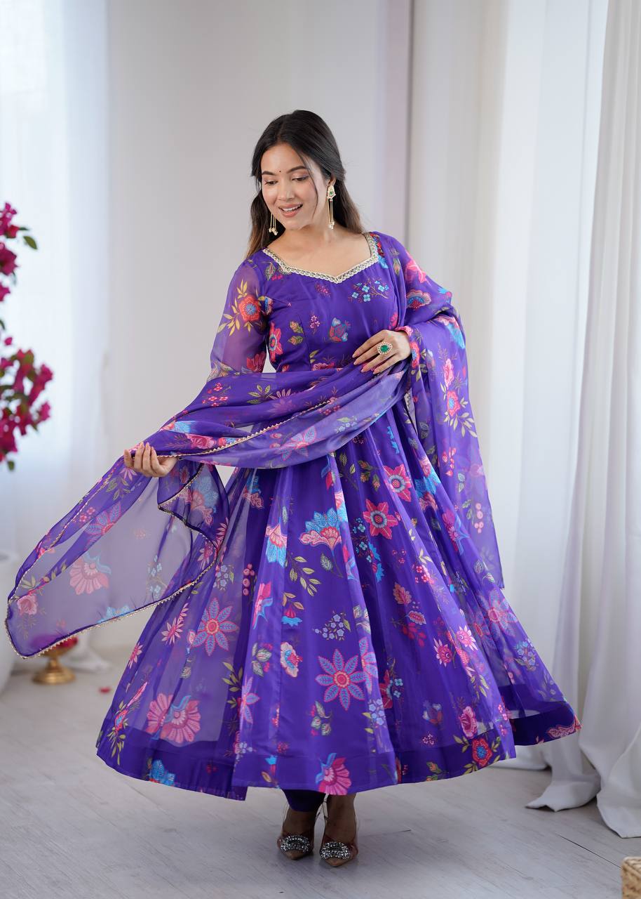 Eloriya Royal Purple Floral Organza Anarkali Set | Eloriya India
