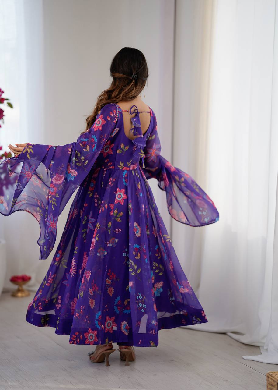 Eloriya Royal Purple Floral Organza Anarkali Set | Eloriya India