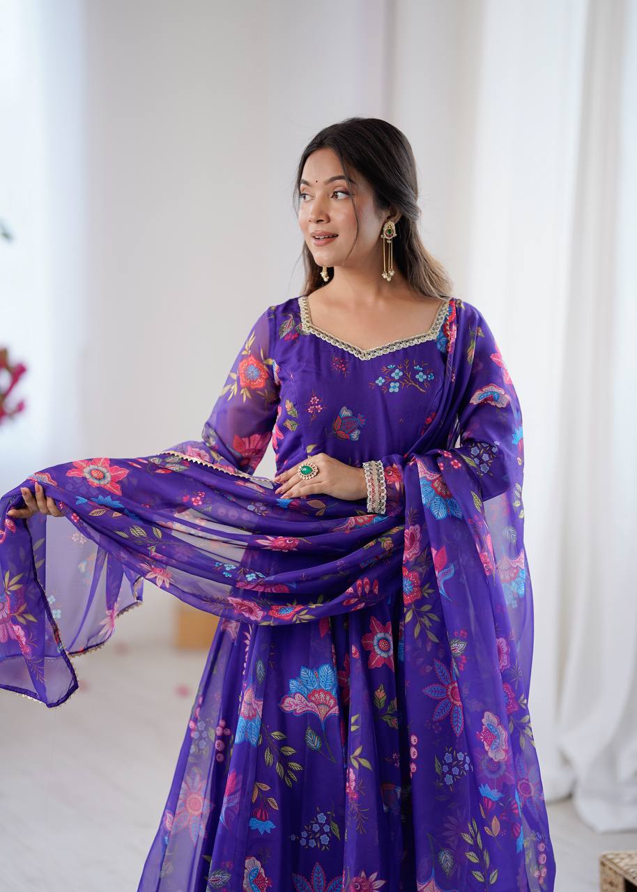 Eloriya Royal Purple Floral Organza Anarkali Set | Eloriya India