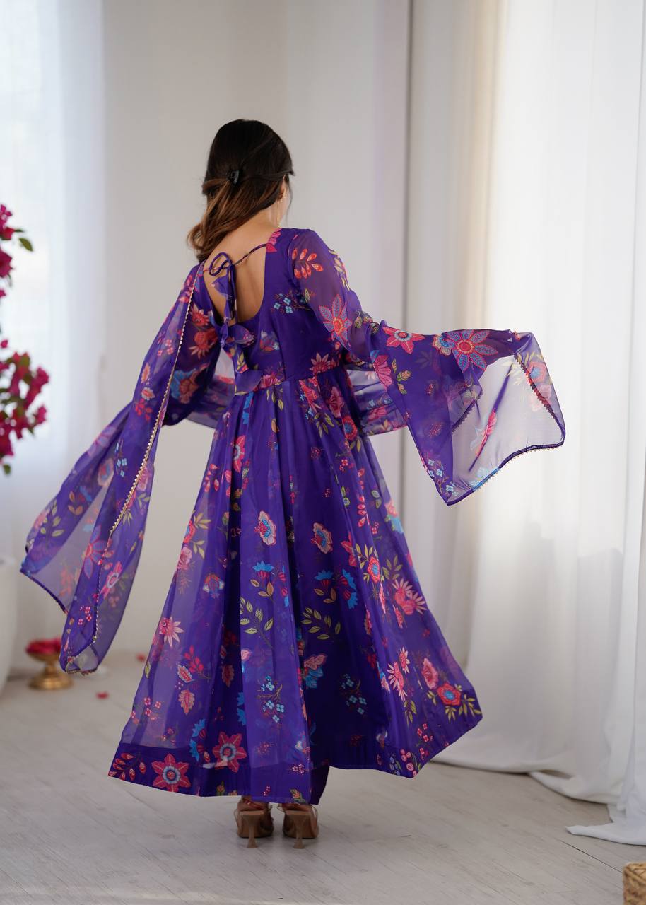 Eloriya Royal Purple Floral Organza Anarkali Set | Eloriya India