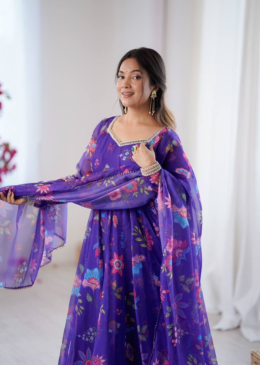 Eloriya Royal Purple Floral Organza Anarkali Set - XL [42] | Eloriya India