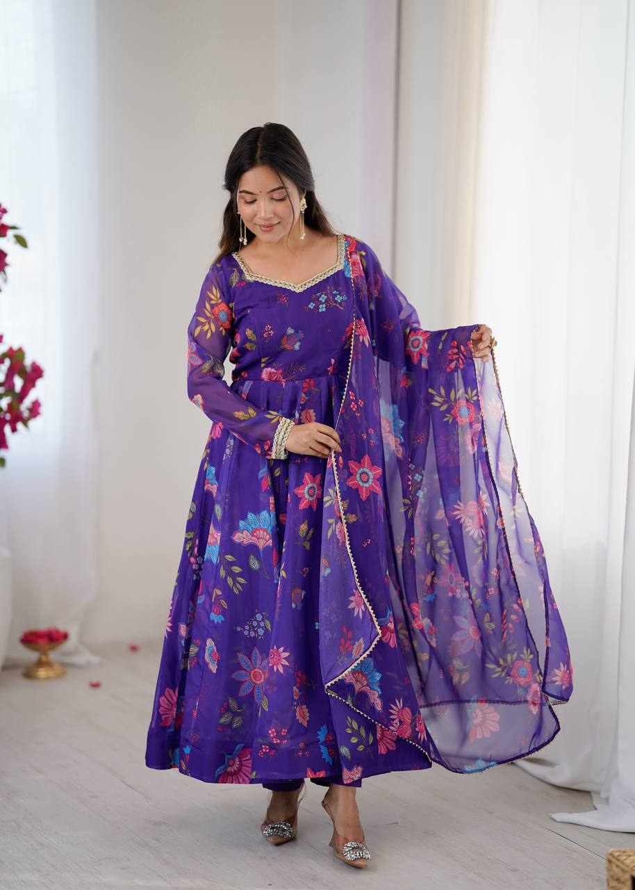 Eloriya Royal Purple Floral Organza Anarkali Set - L [40] | Eloriya India