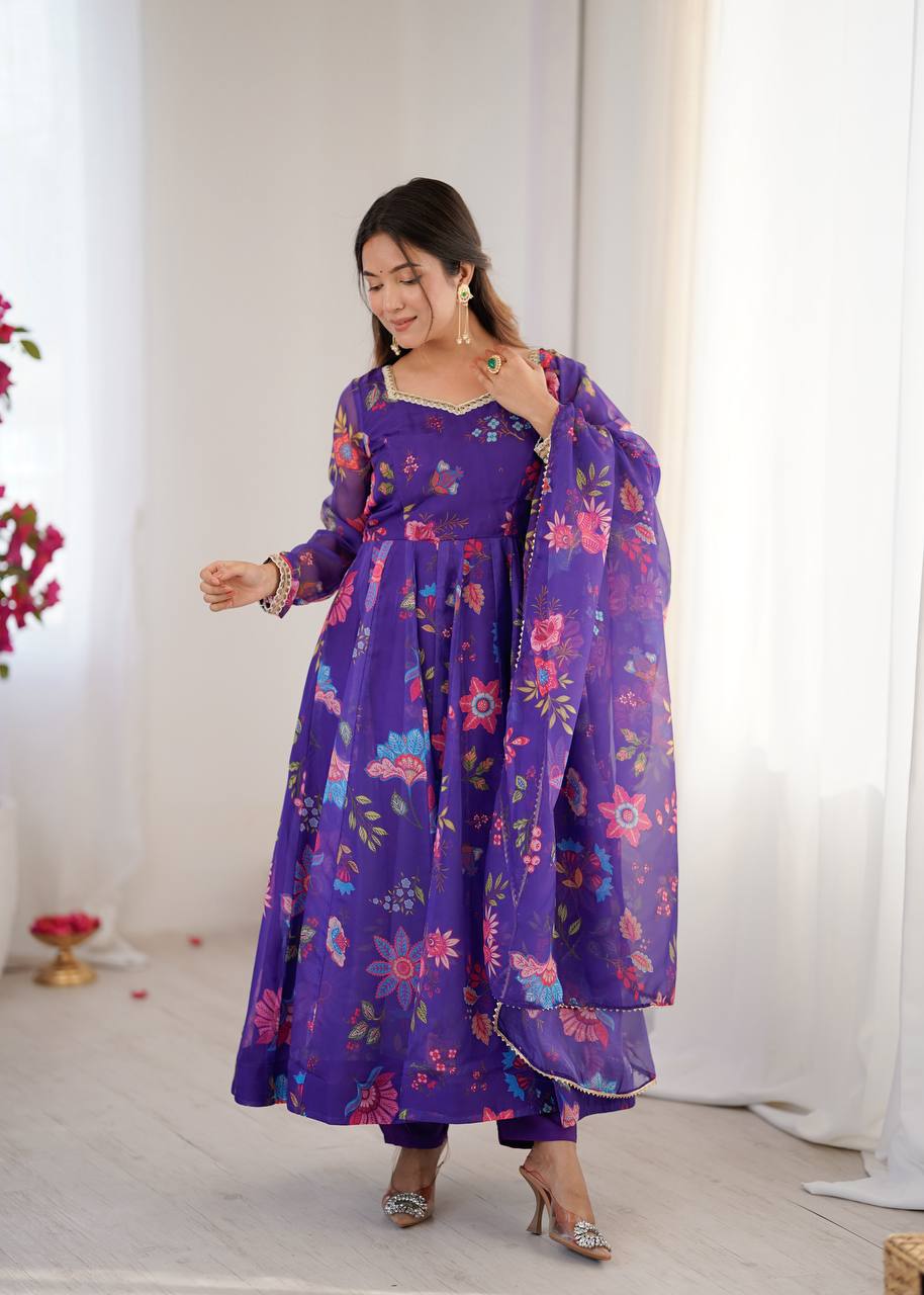 Eloriya Royal Purple Floral Organza Anarkali Set - M [38] | Eloriya India