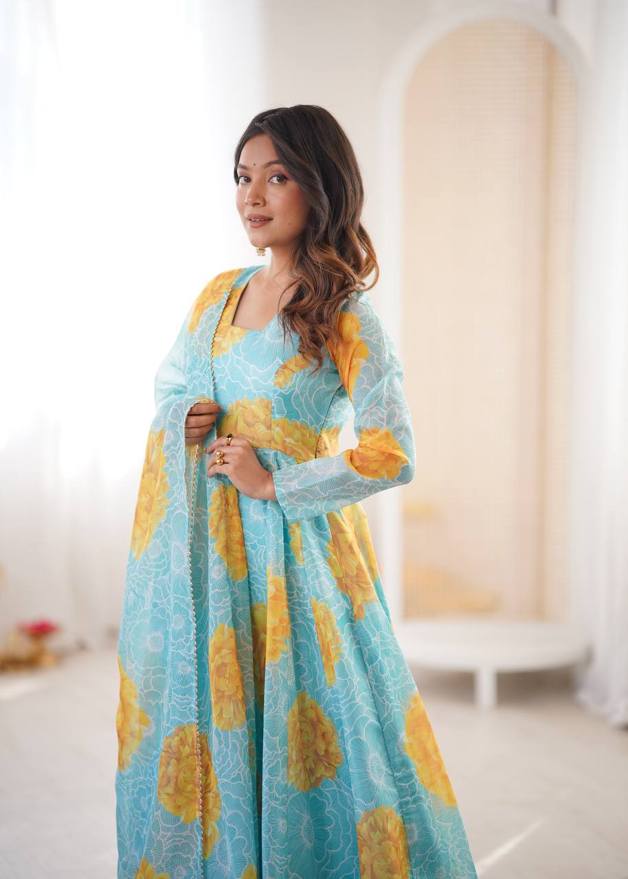 Eloriya Jiya's Floral Print Organza Anarkali Suitset - 2XL [44] | Eloriya India