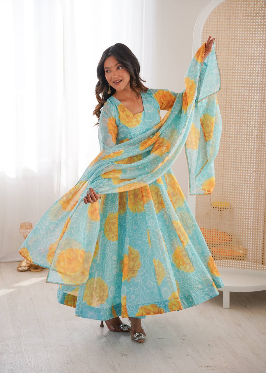 Eloriya Jiya's Floral Print Organza Anarkali Suitset - S [36] | Eloriya India