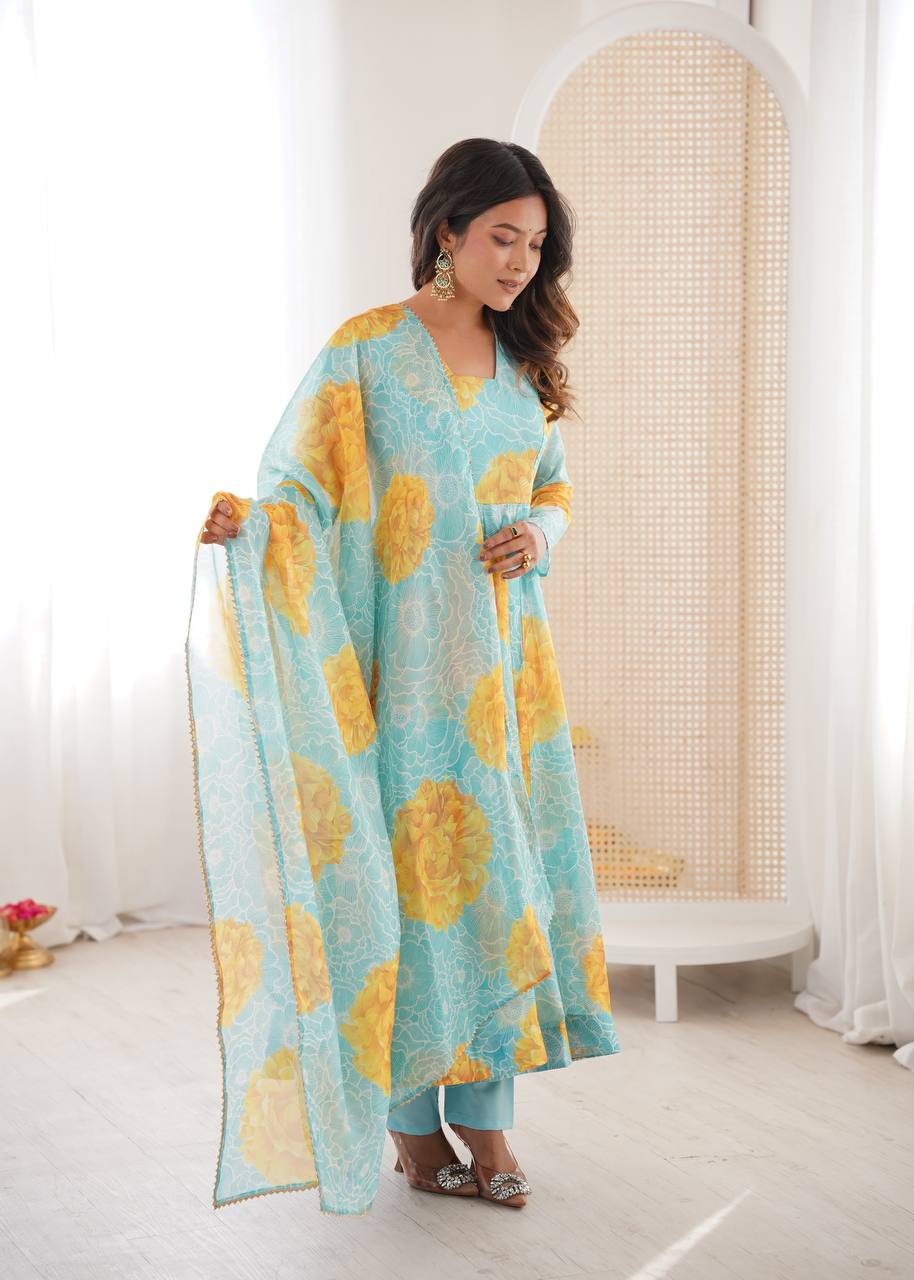 Eloriya Jiya's Floral Print Organza Anarkali Suitset - XL [42] | Eloriya India