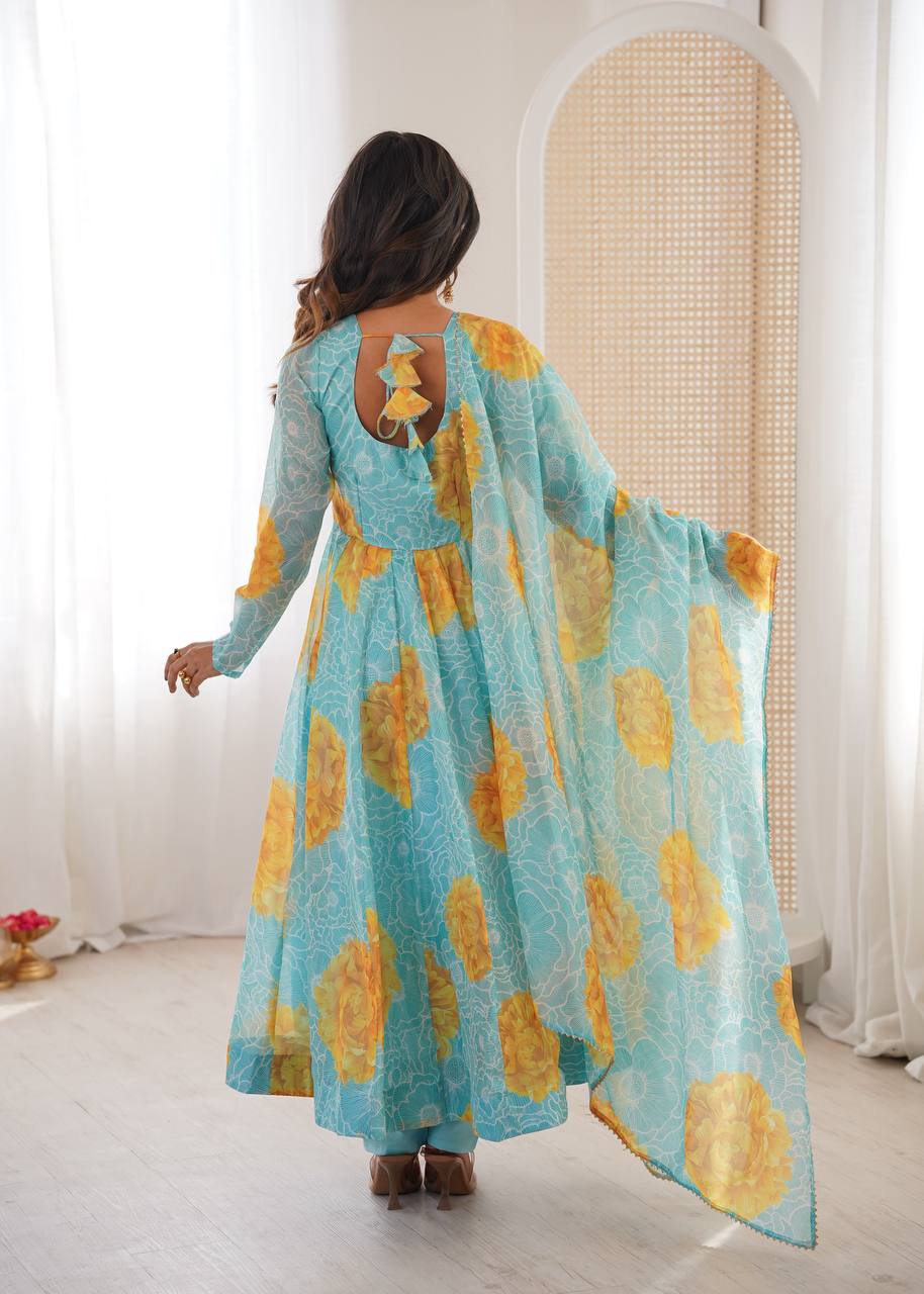 Eloriya Jiya's Floral Print Organza Anarkali Suitset - L [40] | Eloriya India