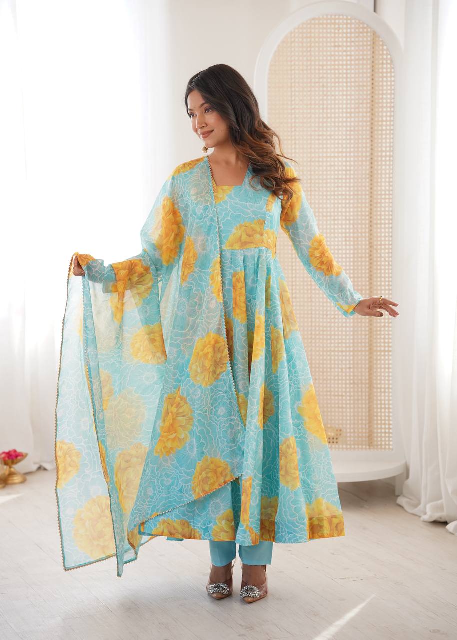 Eloriya Jiya's Floral Print Organza Anarkali Suitset - M [38] | Eloriya India