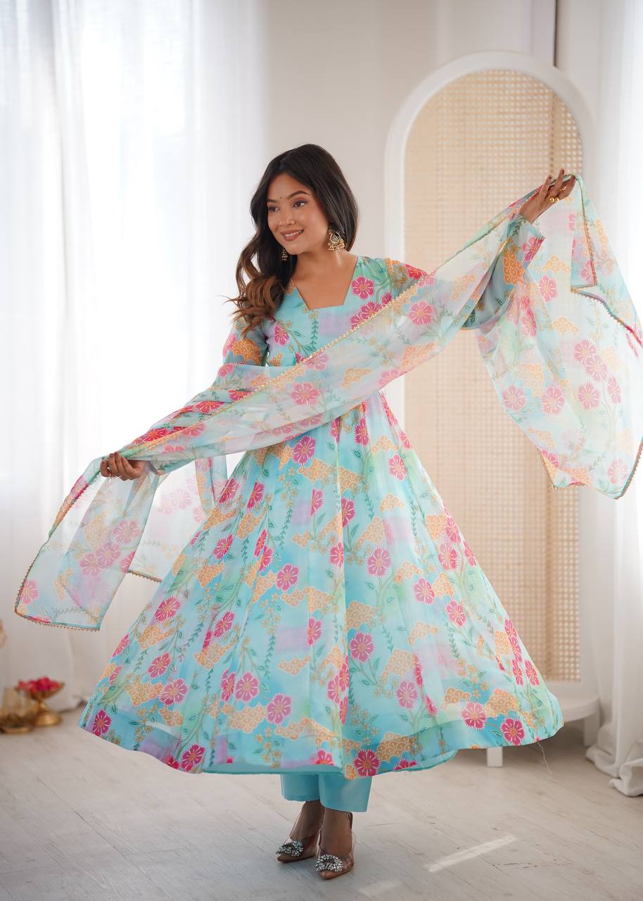 Eloriya Premium Sky Blue Floral Organza Anarkali Suit Set - S [36] | Eloriya India