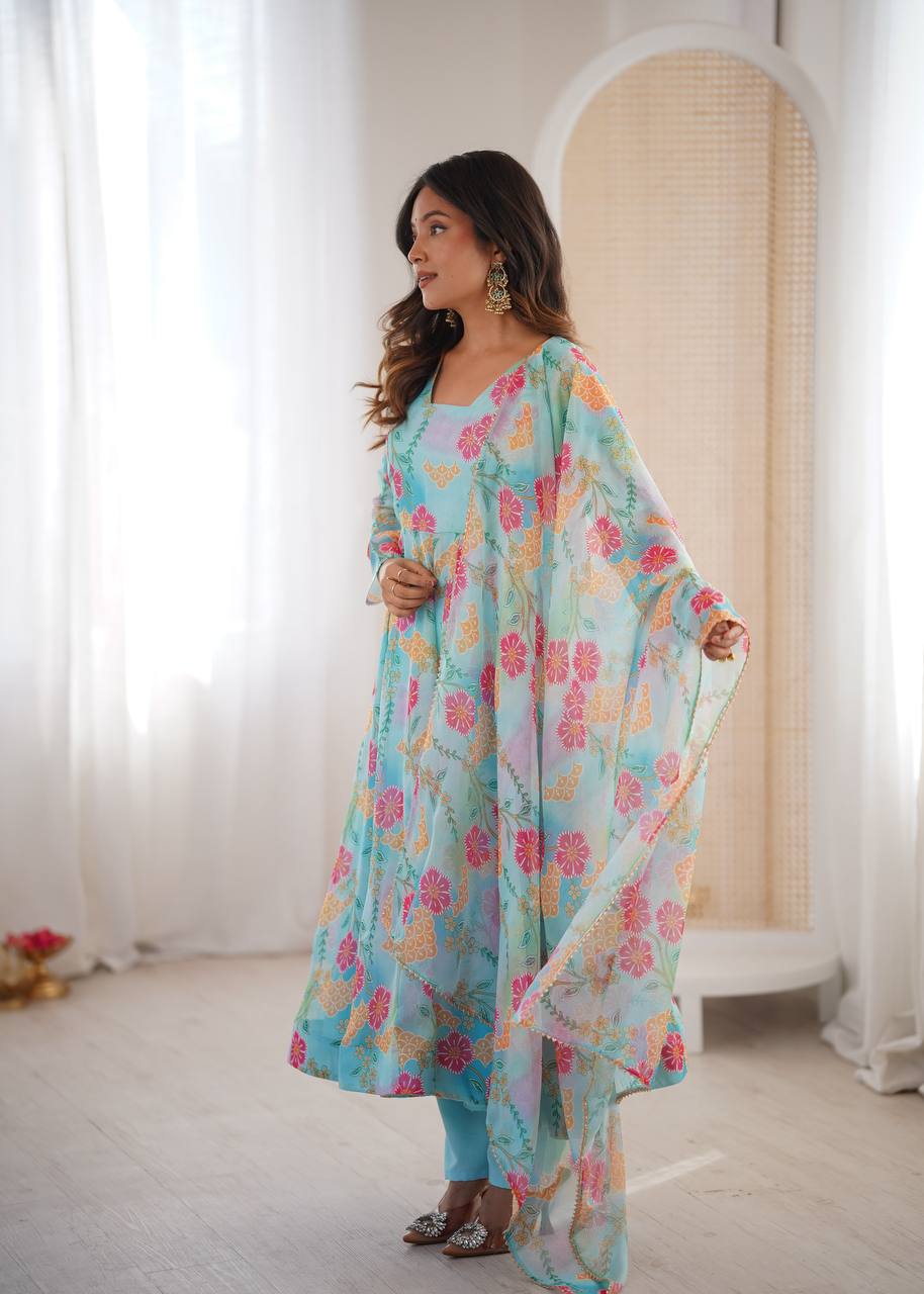Eloriya Premium Sky Blue Floral Organza Anarkali Suit Set | Eloriya India