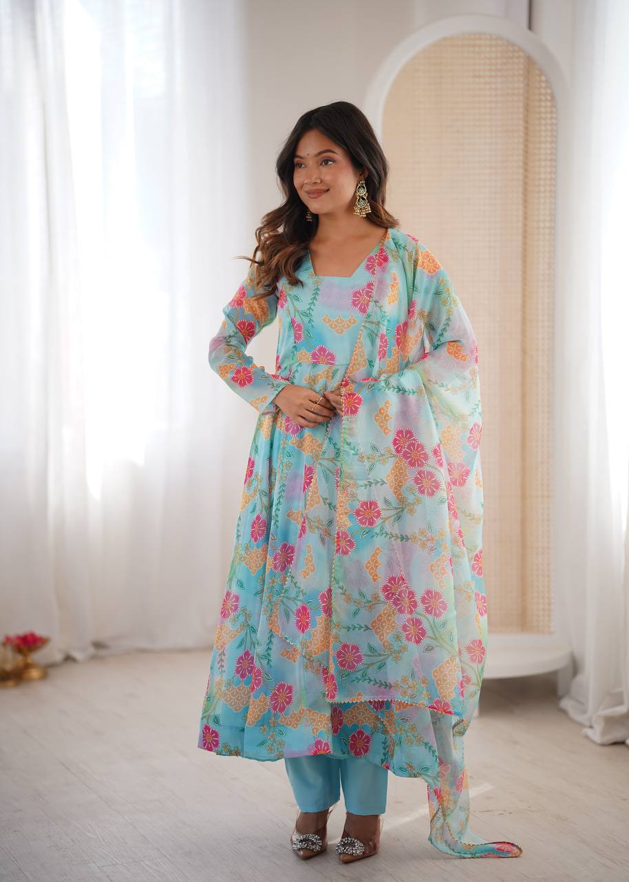 Eloriya Premium Sky Blue Floral Organza Anarkali Suit Set | Eloriya India