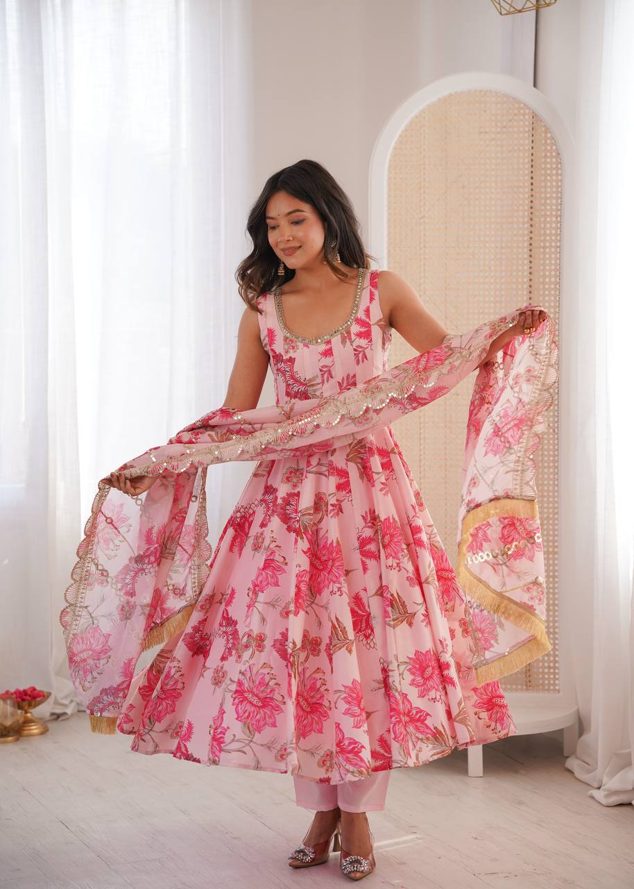 Eloriya Hemaxi's Floral Print Straight Kali Cut Anarkali Suit - SKY | Eloriya India