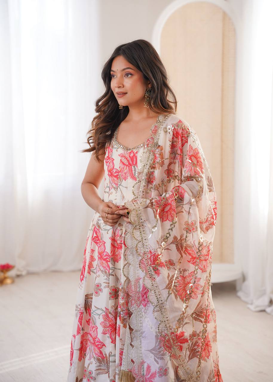 Eloriya Hemaxi's Floral Print Straight Kali Cut Anarkali Suit - Beige | Eloriya India
